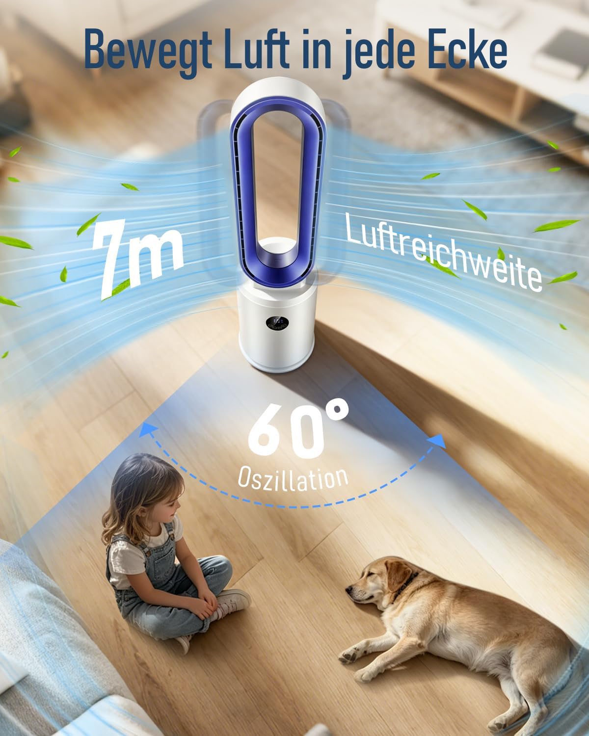 Rotorloser Ventilator, 24 Stufen Leiser Turmventilator Mit Fernbedienung & 12h Timer, Energiesparender DC-Motor, LED Display 60° Oszillierend Luftreinigung Für Schlafzimmer, Büro (Blau)