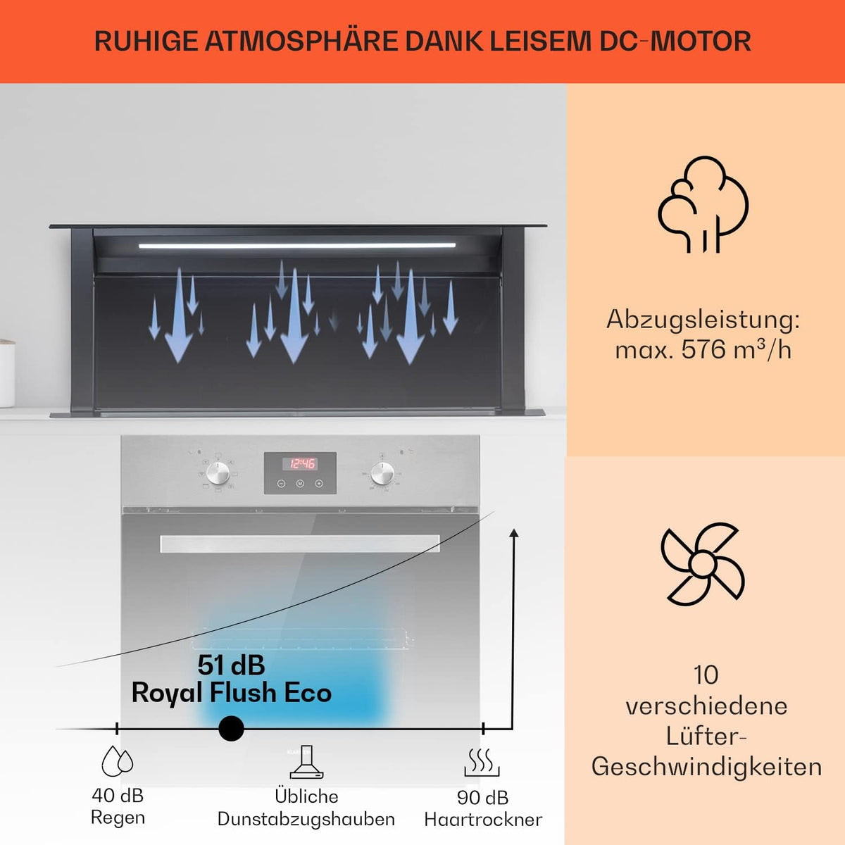 Klarstein Downdraft-Dunstabzugshaube, Versenkbare Abzugshaube, Leise Dunstabzugshauben mit Filter, Dunstabzugshaube 60cm, Umluft/Abluft Dunsthaube mit 10 Stufen, Dunstabzug 576 m³/h Luftstrom