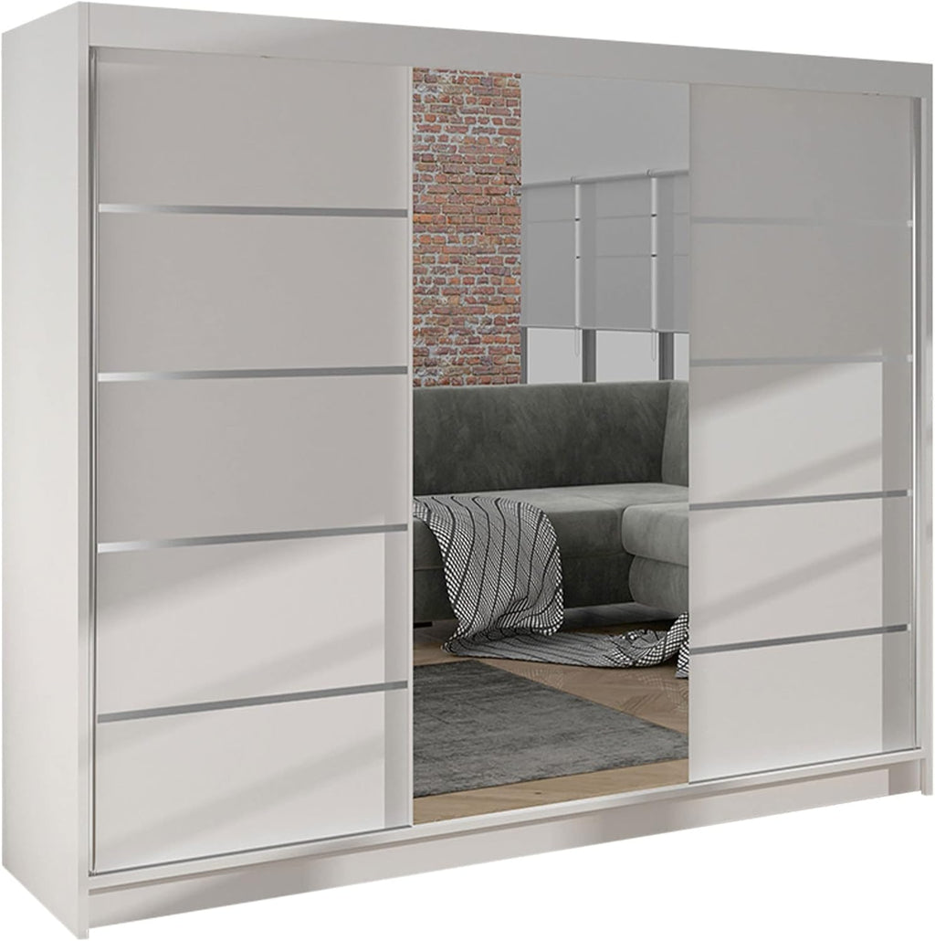 Mirjan24 Kleiderschrank Dotan VI mit Spiegel, Kleiderstange und Fächer, Schlafzimmerschrank, Schwebetürenschrank, Dielenschrank, Garderobenschrank (Weiß/Weiß)