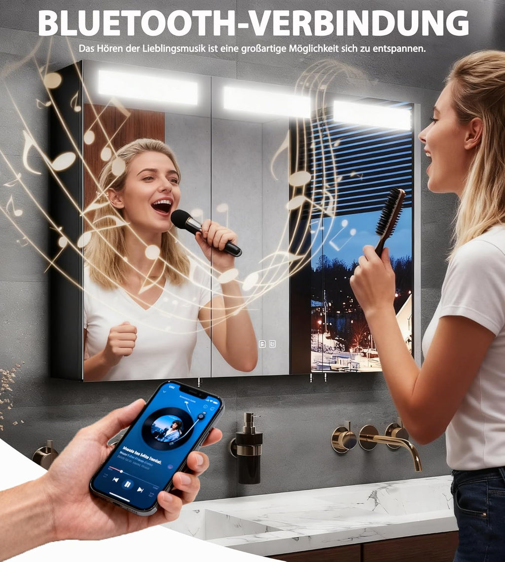 SVNR 90x65 cm Spiegelschrank Mit LED-Beleuchtung Fürs Badezimmer, 3-Türiger Badspiegelschrank Beleuchtung Mit Bluetooth, Touch-Schalter, Antibeschlag & Steckdose (Silber)