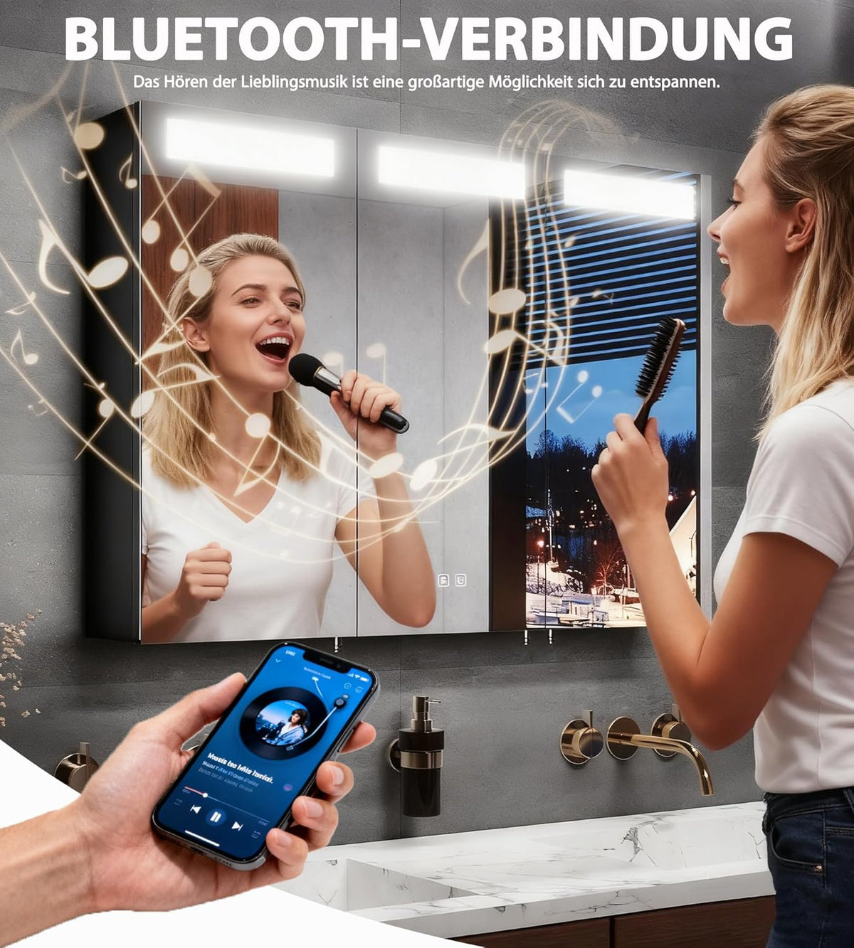 SVNR 90x65 cm Spiegelschrank Mit LED-Beleuchtung Fürs Badezimmer, 3-Türiger Badspiegelschrank Beleuchtung Mit Bluetooth, Touch-Schalter, Antibeschlag & Steckdose (Silber)