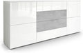 Vladon Sideboard Rova, Made in Germany, Kommode mit 4 Türen und 4 Schubladen, Weiß matt/Weiß Hochglanz/Beton Oxid Optik (166 x 72 x 35 cm)