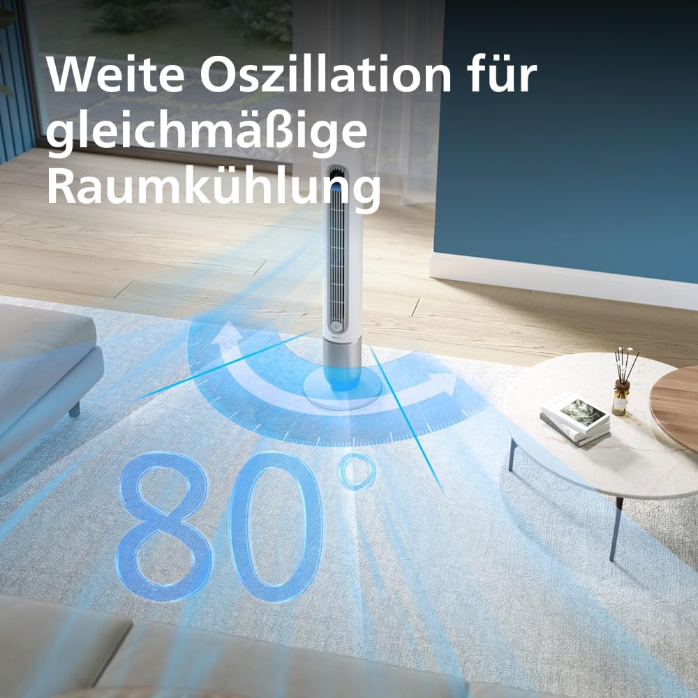 Philips Smarter Turmventilator 7000 Series – 8,4 m/s stark, ultraleise 22 dB, energieeffizient, App & Fernbedienung, Wlan, 12 Stufen, Schlafmodus, Temp‑Anzeige, 12‑h Timer, 80° Oszillation (CX7550/00)