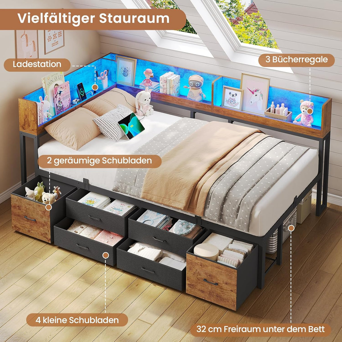 Bett 90x200 mit Stauraum Schlafsofa mit Integriertem Bücherregal & 6 Schubladen,Jugendbett mit LED-Beleuchtung & Ladestation Gästebett Tagesbett Bettgestell mit Lattenrost(Vintage Braun, 90x200cm)
