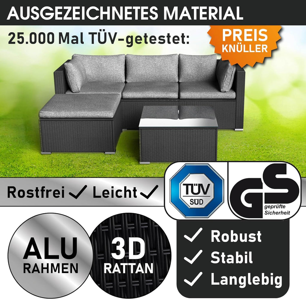 BRAST® Gartenmöbel Lounge Set | 4-5 Personen viele Modelle & Farben | inkl. extra Dicke Kissen | TÜV geprüft | Outdoor Loungemöbel Sitzgruppe Essgruppe Garnitur | Royal Schwarz