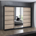 A und J MöbelLand Schwebetürenschrank VILUNO 2 Kleiderschrank 3-türig 200 cm mit Spiegel, 4 Schubladen  und  2 Kleiderstangen, Geräumiger Schlafzimmerschrank (Schwarz/Sonoma)