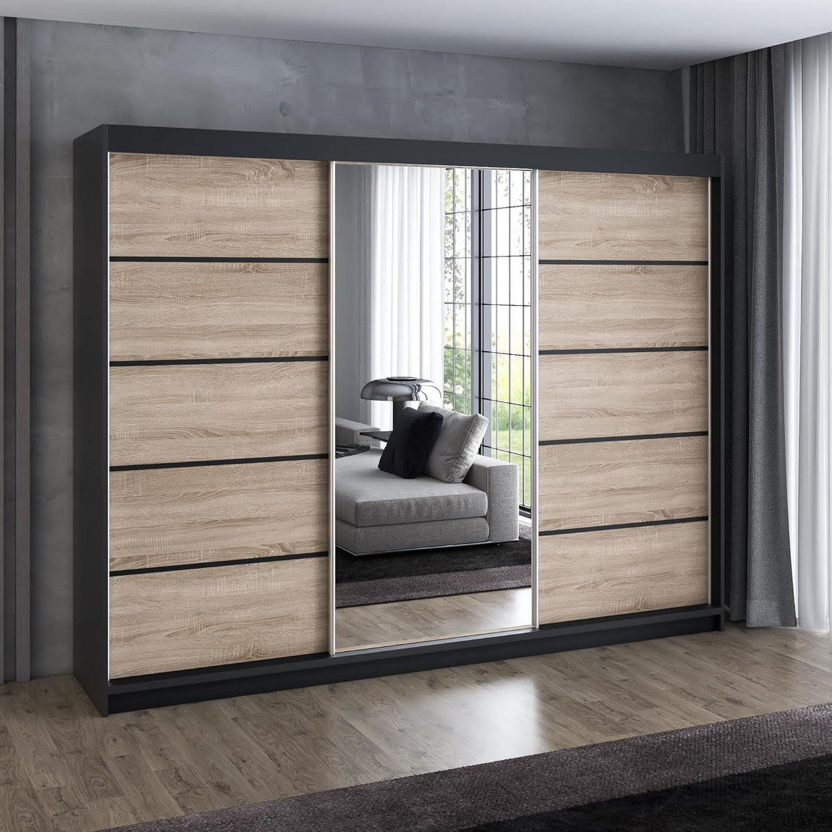 A und J MöbelLand Schwebetürenschrank VILUNO 2 Kleiderschrank 3-türig 200 cm mit Spiegel, 4 Schubladen  und  2 Kleiderstangen, Geräumiger Schlafzimmerschrank (Schwarz/Sonoma)