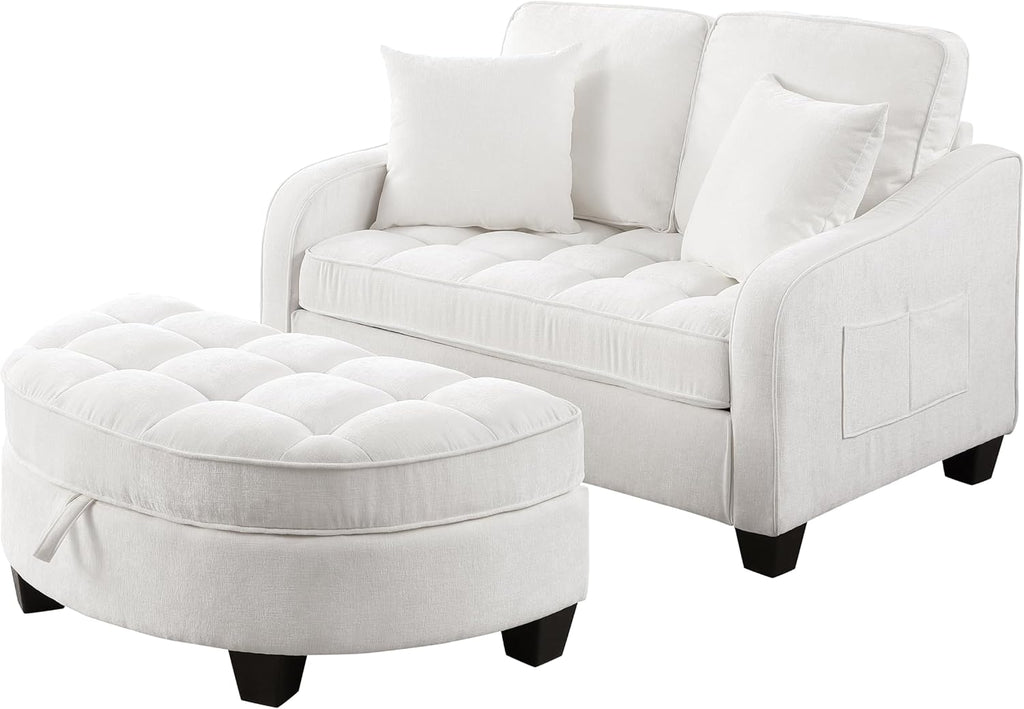 Sofa mit Schlaffunktion, 2-in-1 Schlafsofa, Modulares Sofa, Aufbewahrungs-Hocker & 4 Kisse, für Kleine Wohnzimmer, Studienzimmer, Schlafzimmer, 132×129×93cm (Beige)