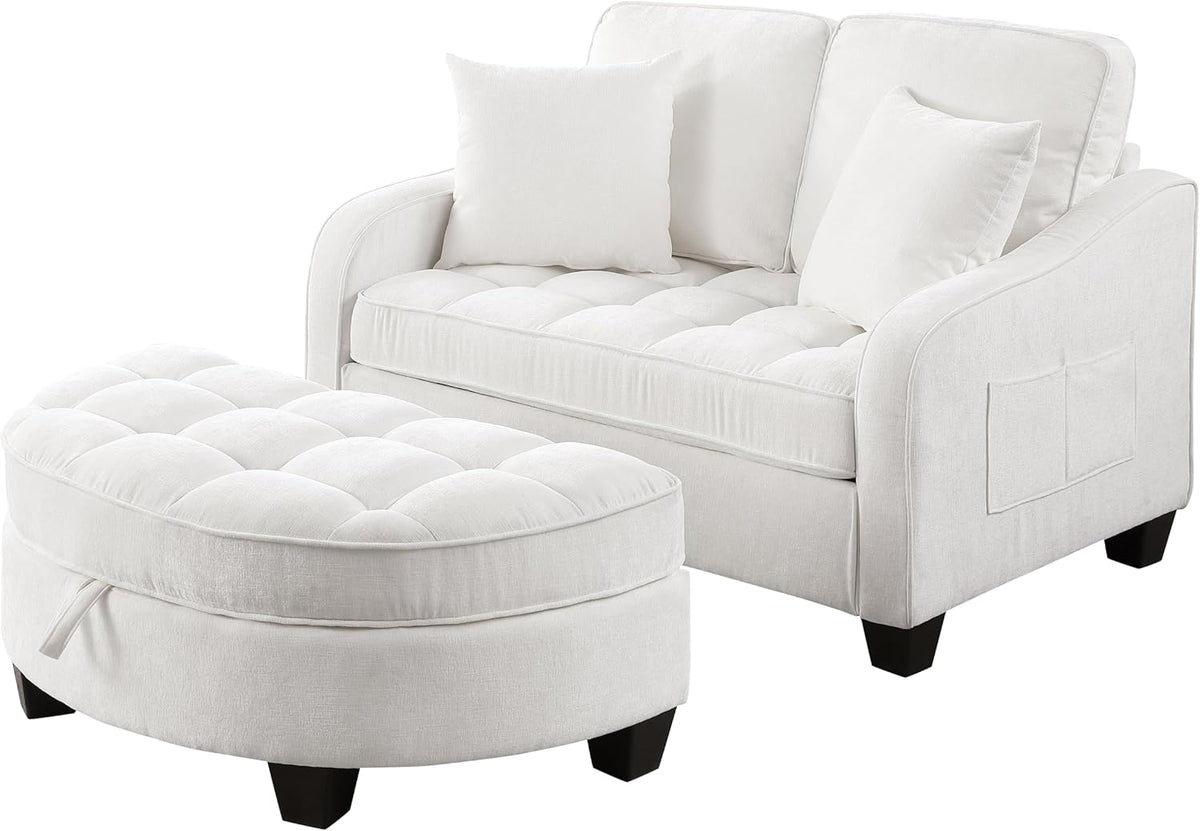 Sofa mit Schlaffunktion, 2-in-1 Schlafsofa, Modulares Sofa, Aufbewahrungs-Hocker & 4 Kisse, für Kleine Wohnzimmer, Studienzimmer, Schlafzimmer, 132×129×93cm (Beige)