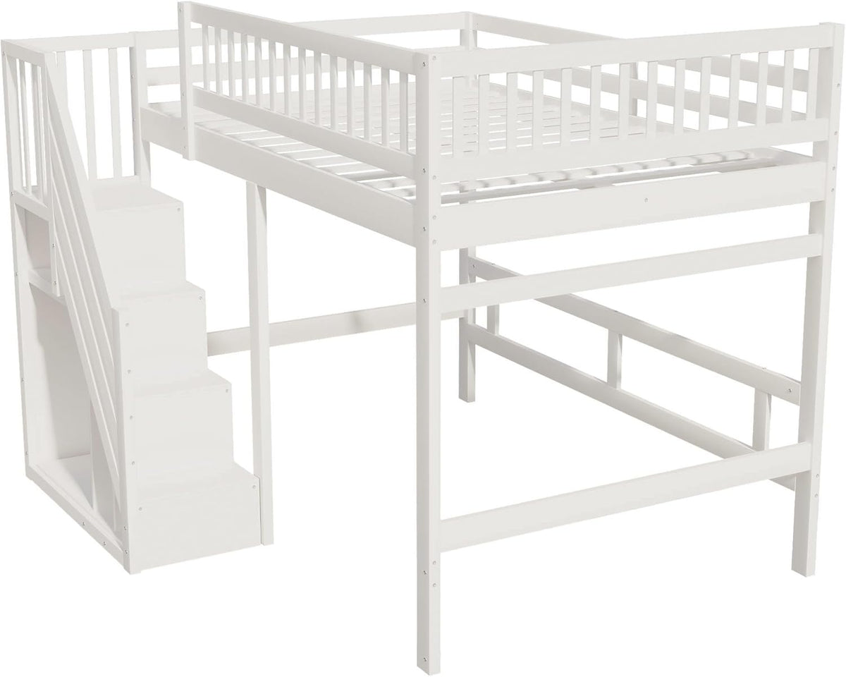 Kinderbett Etagenbett 140x200, Hochbett mit Treppe und Aufbewahrungsschrank, Multifunktionsbett Stockbett Spielbett Kinderhochbett Jugendhochbett mit Lattenrost & Rausfallschutz, Ohne Matratze, Weiß