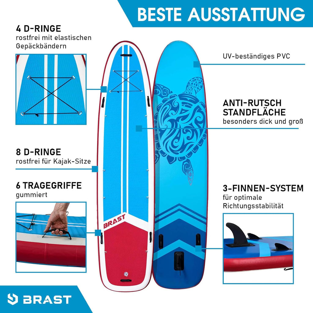 BRAST SUP Board Family | Aufblasbares Stand up Paddle Set XXL | 370x87x15cm bis 210kg | 7 Designs | inkl. Zubehör 2X Kajak-Sitz 2X Fußschlaufe 2X Paddel Pumpe Rucksack