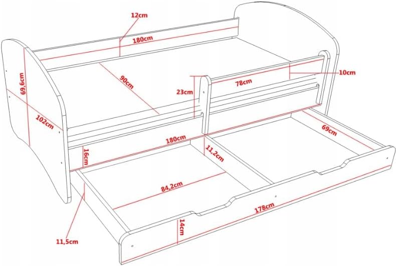 BDW Kinderbett Super Hunde - Babybett mit Matratze und Schublade - Bequem und Langlebig Rausfallschutz Bett - Kinderzimmer - Weiß (180x90)