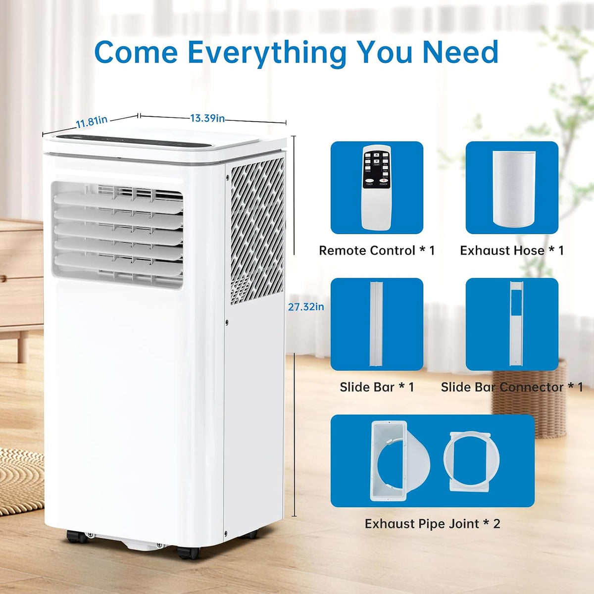 Tragbare Klimaanlage, 8000 BTUs 3-IN-1 Leise AC Einheit mit Fernbedienung, Tragbare Klimaanlage Eingebauter Luftentfeuchter, Ventilator, Auto, Schlafmodi, Abluftschlauch & Fenster-Kit, Weiß