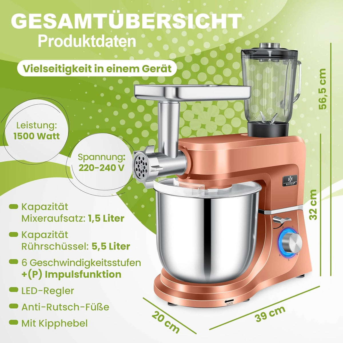 KESSER® Küchenmaschine 3in1 mit Fleischwolf & Mixer, 1500W Knetmaschine 5,5L Rührschüssel + Spritzschutz, 6 Geschwindigkeiten, Knethaken, Schneebesen, Rührhaken & Raspeln, Backen & Kochen, Kupfer