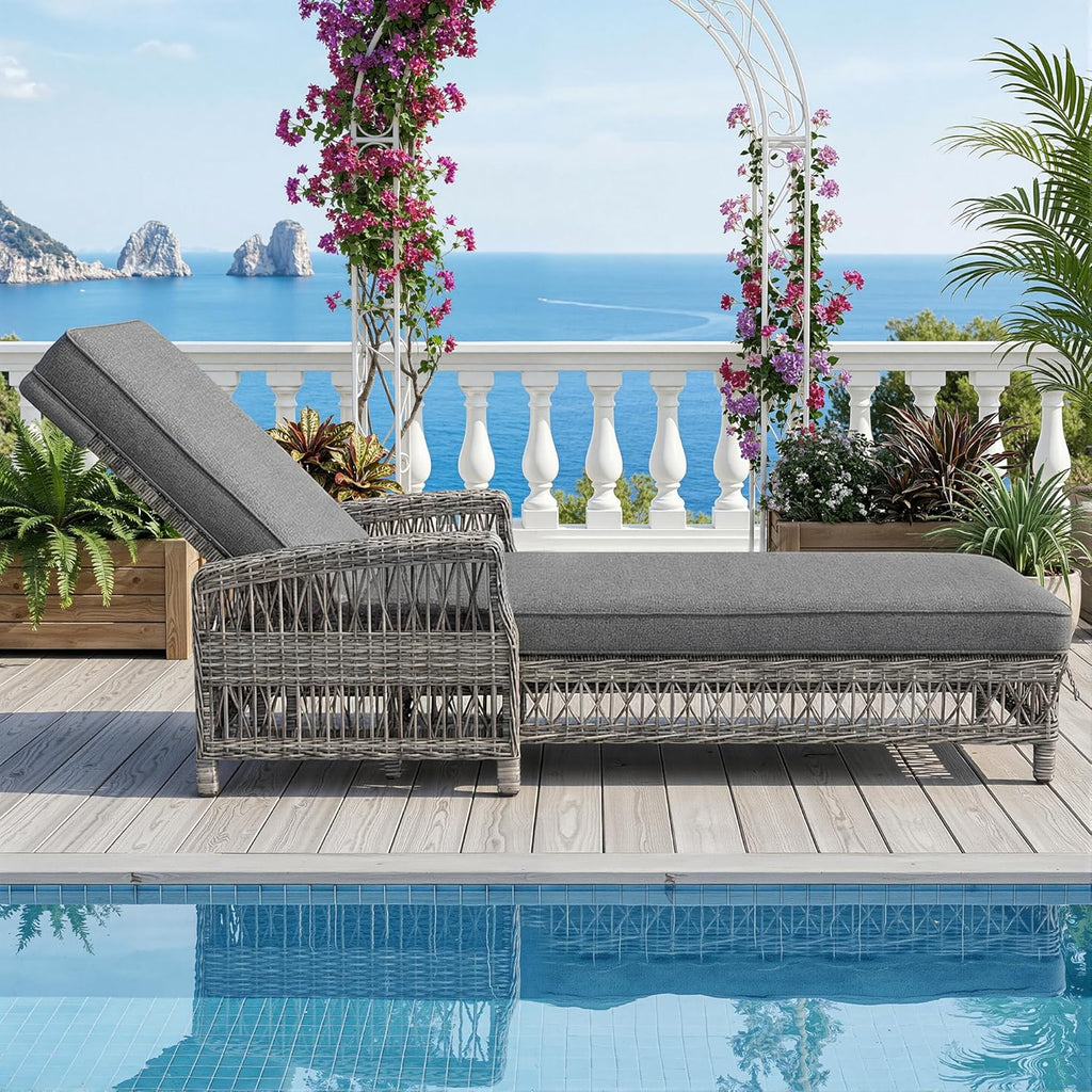Ball & Cast Gartenliege 2 Personen aus Rattan, Liege mit 4-Fach Verstellbarer Rückenlehne und Bequemer Auflage, 2er Set, 192 x 70 x 83 cm, Grau