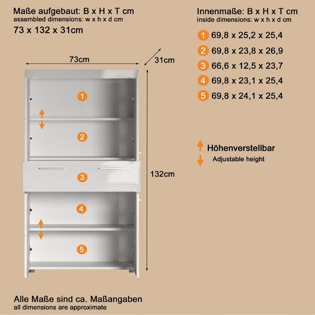 trendteam smart living - Amanda - Hochschrank - Weiß Hochglanz - Badezimmerschrank breit mit 4 höhenverstellbaren Einlegeböden - (BxHxT) 73 x 130 x 31 cm - 4 Fächer und eine große Schublade