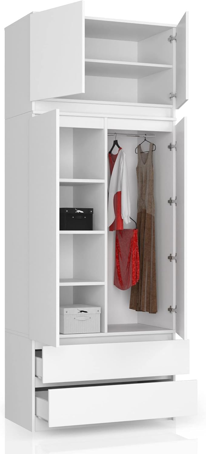 BDW Kleiderschrank mit 4 Türen, 4 Einlegeböden, Kleiderbügel, 2 Schubladen - Aufbewahrungsschrank - Moderner Schrank für das Schlafzimmer Wohnzimmer Diele - 234x90x51cm - Weiß