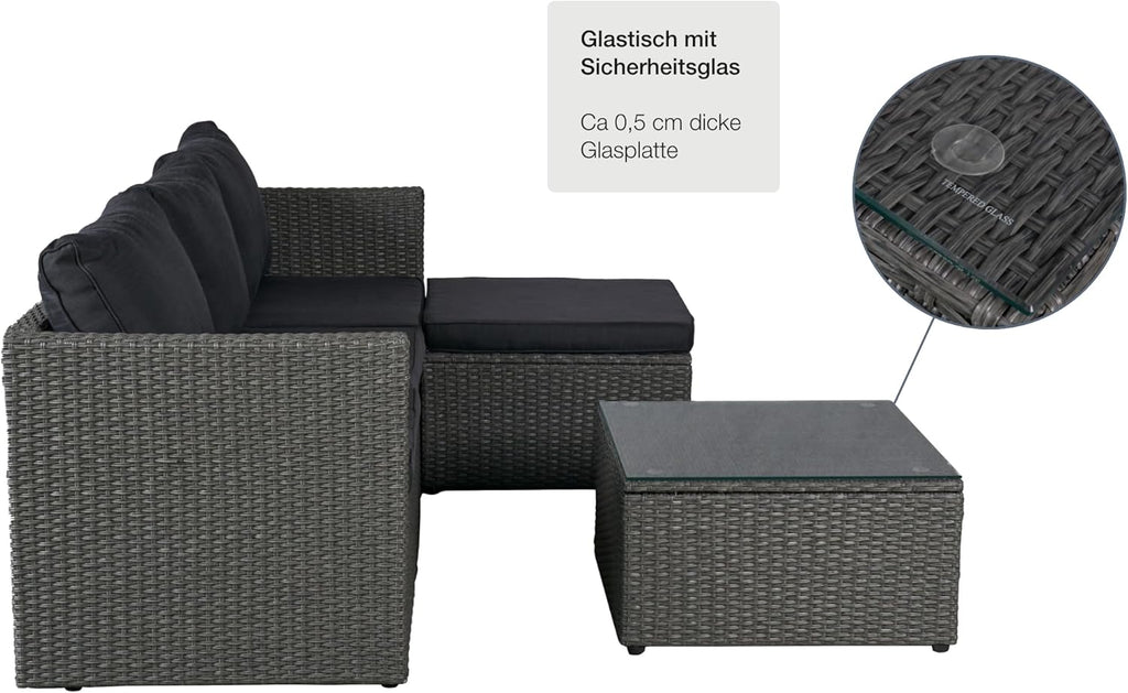 LC Garden Loungino Polyrattan Lounge grau-Mix für 3-4 Personen, Balkonmöbel Sitzgruppe mit Tisch + Hocker, Gartenlounge, Ecksofa für Balkon + Terrasse