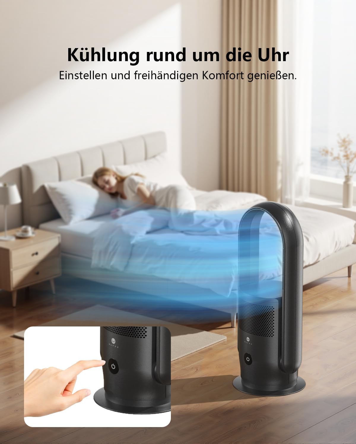 Ultty Rotorlos Ventilator mit Luftreiniger, Turmventilator Leise, H13 HEPA Filter, Touch, Timer, 60 cm Bladeless Fan für Schlafzimmer Büro, CR021 Schwarz