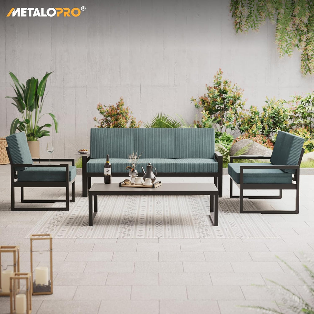 Gartensofa, 1x Dreisitzer, Metallrahmen mit Cordstoff Kissen, Terrassensofa, Outdoor Sofa, für Terrasse, Balkon, Garten, Ozeantiefe