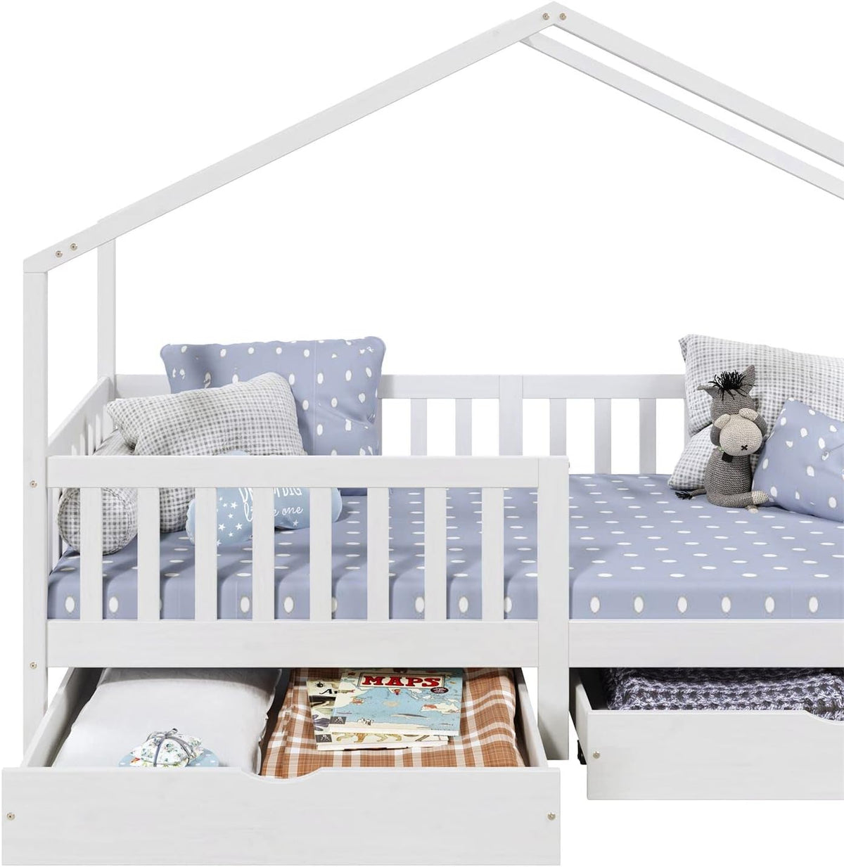 IDIMEX Hausbett ELEA aus massiver Kiefer, Kinderbett mit Rausfallschutz 90x200cm, Spielbett mit Dach in weiß