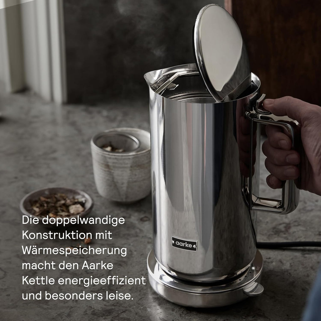 Aarke Wasserkocher aus Edelstahl mit mehreren Temperatureinstellungen, 360° drehbarem Sockel, leisem Kochvorgang und tropffreiem Ausgießer, Fassungsvermögen von 1,2 Litern (Steel)