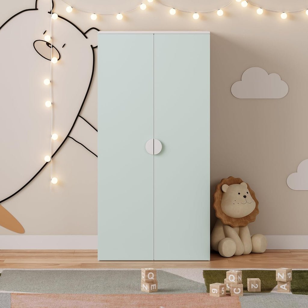 [en.casa] Kinderkleiderschrank Sandnes Garderobenschrank für Kinder 123 x 60 x 40 cm Kleiderschrank Kinderzimmer mit 2 Türen 1 Kleiderstange 1 Ablagefach Kinderschrank Weiß/Mintgrün
