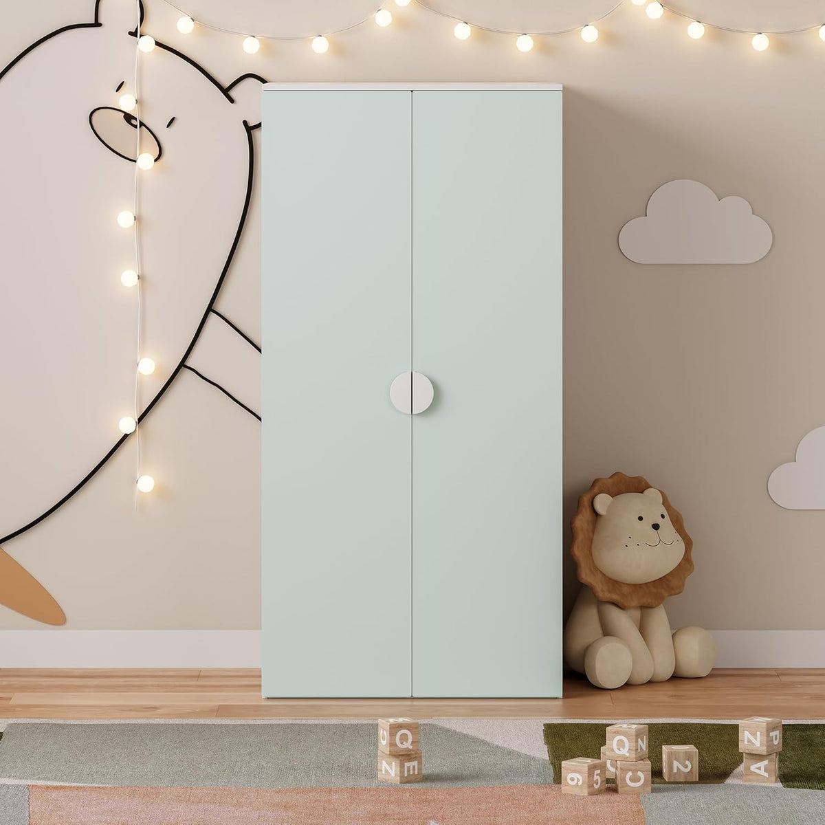 [en.casa] Kinderkleiderschrank Sandnes Garderobenschrank für Kinder 123 x 60 x 40 cm Kleiderschrank Kinderzimmer mit 2 Türen 1 Kleiderstange 1 Ablagefach Kinderschrank Weiß/Mintgrün