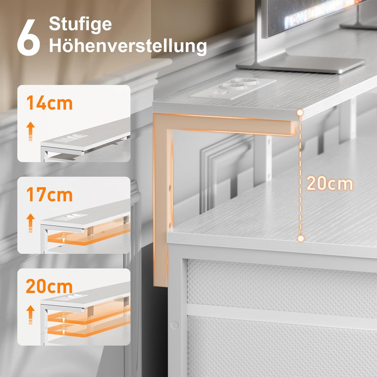 Schreibtisch mit 8 Schubladen, Computertisch mit 2 Steckdosen und 2 USB Ladeanschluss, Bürotisch mit LED und Monitorständer, PC Tisch für Büro, Wohnzimmer, 120 x 50 x 74 cm, Weiß