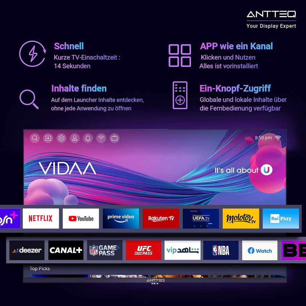AV42F3 Fernseher 42 Zoll (106 cm) Full HD Smart TV mit HD Triple Tuner (DVB-C/-S2/-T2), App Store, Netflix, Prime Video, Rakuten TV, DAZN, YouTube, UVM, WiFi, Hotelmodus