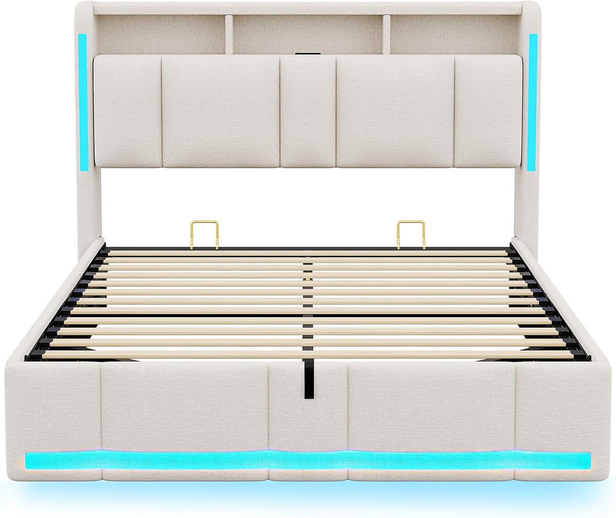 AOGLLATI Polsterbett 140×200 mit Steckdosen & LED Beleuchtung, Doppelbett mit Stauraum Kopfteil & Hydraulischem Stauraum, Bettgestell mit Lattenrost, Jugendbett 140×200, Linen, Ohne Matratze, Beige