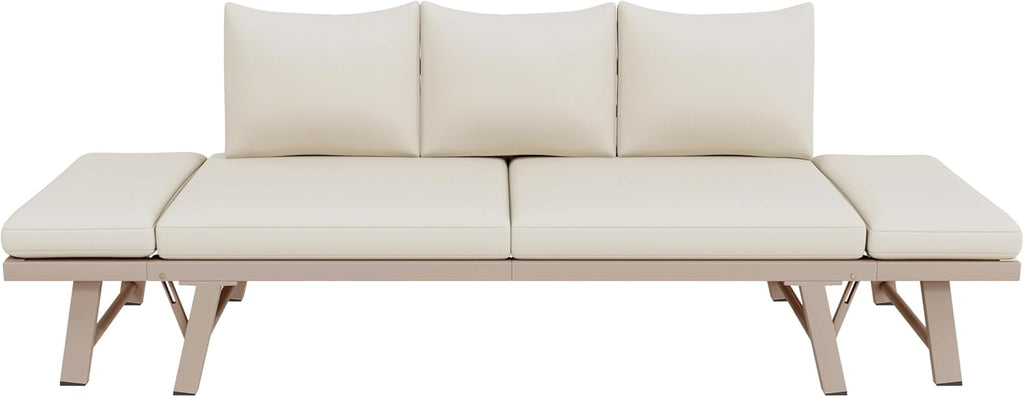 Gartenmöbel-Set, Outdoorsofa, 3-Sitzer-Sofa, Beige, Gartensofa mit Liegefunktion, Sonnenliege Gartenliege mit Auflagen und klappbaren Armlehne, Gartencouch für Garten, Terrasse, Balkon