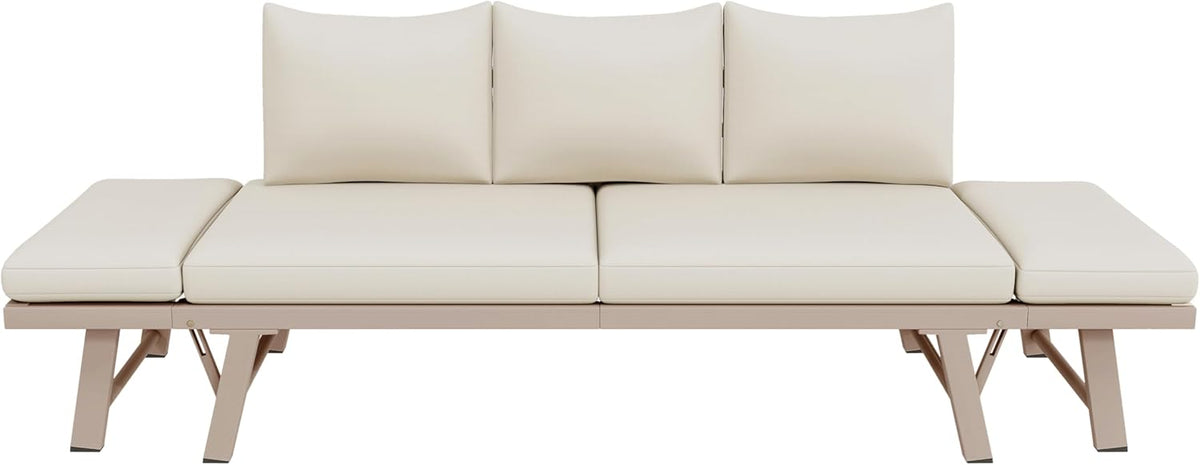 Gartenmöbel-Set, Outdoorsofa, 3-Sitzer-Sofa, Beige, Gartensofa mit Liegefunktion, Sonnenliege Gartenliege mit Auflagen und klappbaren Armlehne, Gartencouch für Garten, Terrasse, Balkon