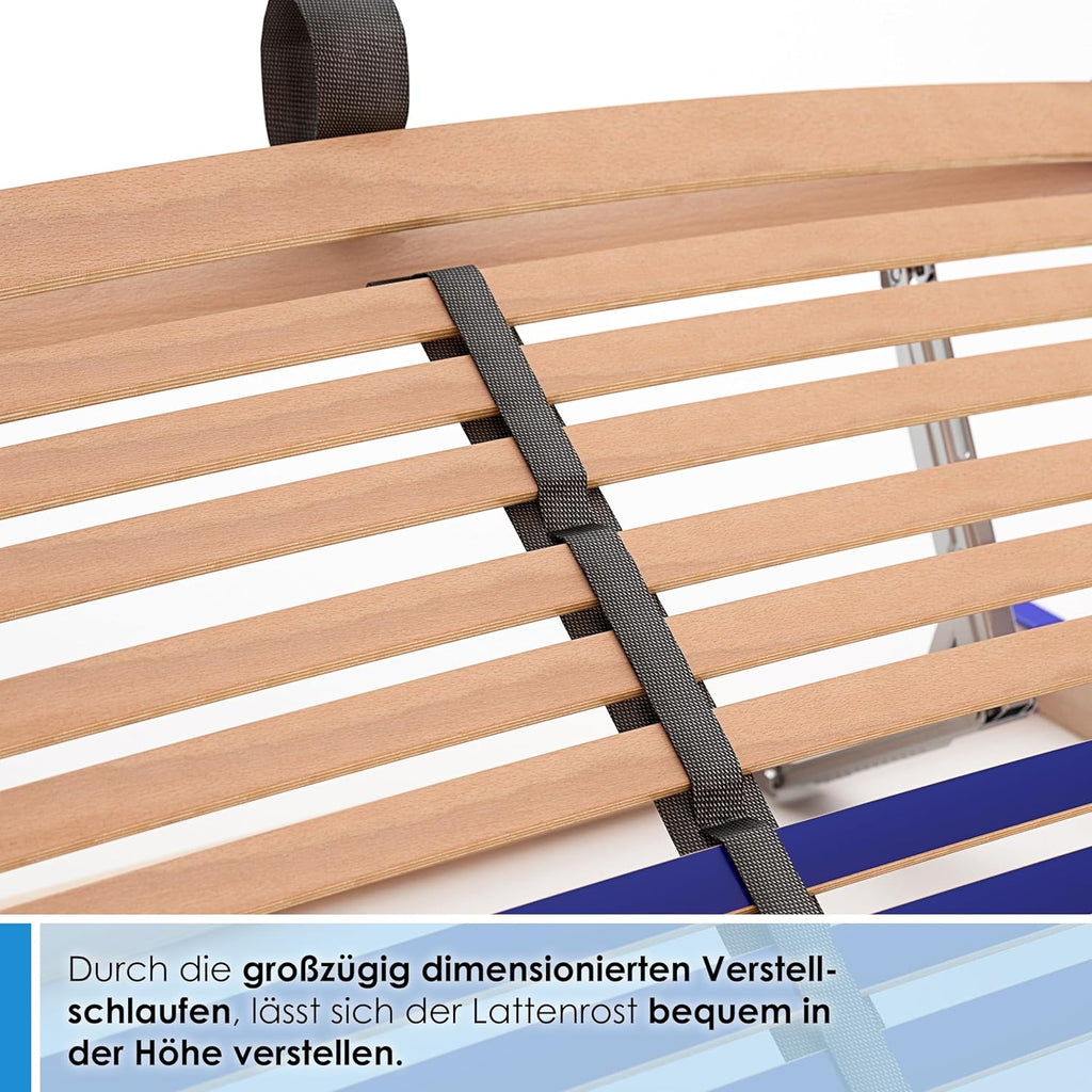 Stabiler Lattenrost 100% BUCHE - Kopf- und Fußteil verstellbar - SCHULTERFRÄSUNG, 7 Zonen, 44 Federleisten, Härte-Regulierung, Mittelgurt - Comfort 44® Vario - 100% fertig montiert (140x200cm)