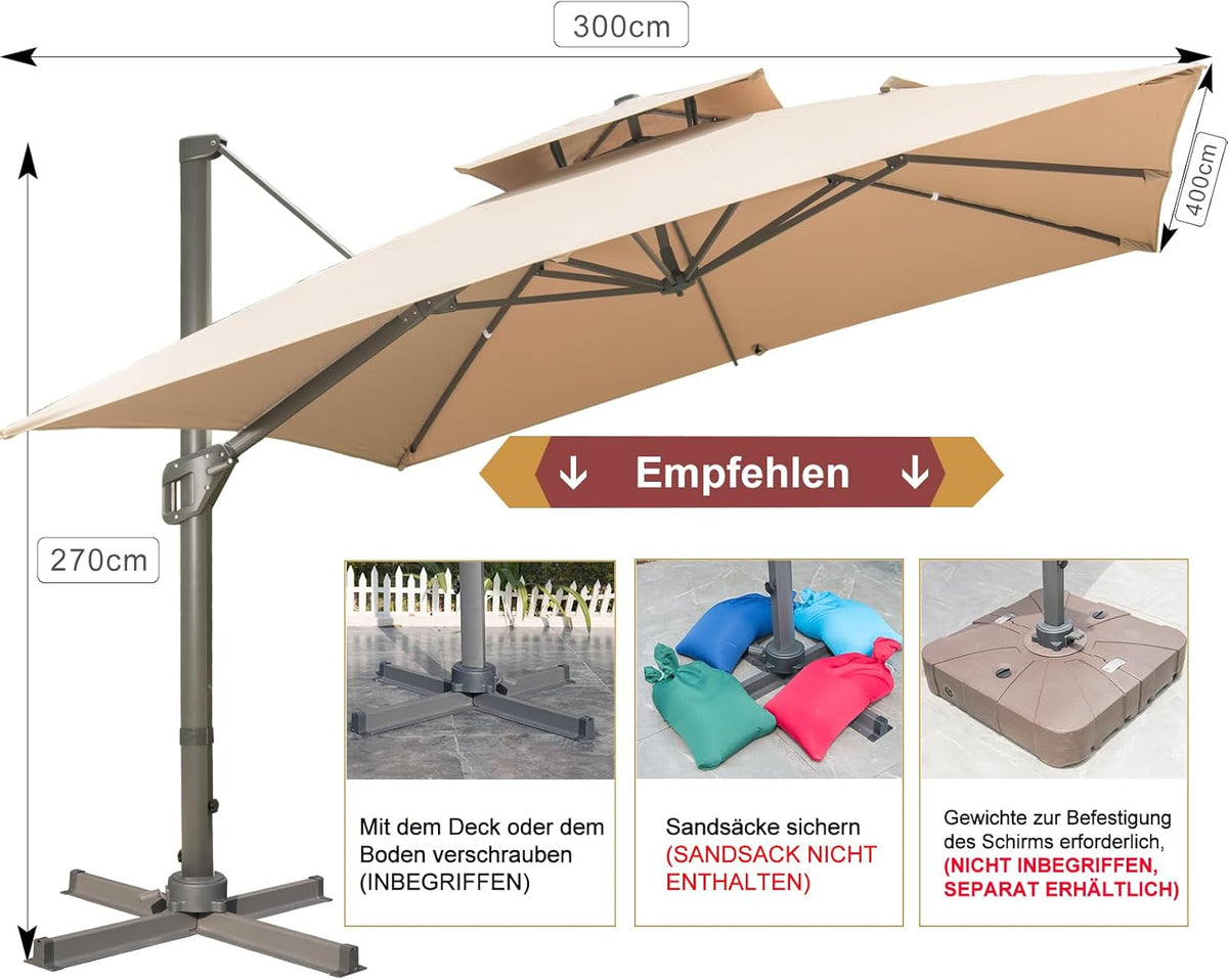 LKINBO Sonnenschirm 300 x 400 cm Rechteckig mit Ständer und Kurbel, Groß Ampelschirm Terrassenschirm 360°Drehbar Parasol Windfest Gartenschirm Wasserdicht Marktschirm für Garten Deck Outdoor, Khaki