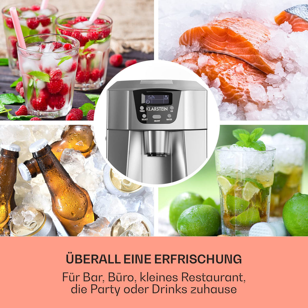 Klarstein Eiswürfelmaschine Klein, 2 L Eiswürfelbereiter  und  Wasserspender, Eiswürfelmaschine für 12 kg Große und Kleine Eiswürfel, Schnelle Mini mit Alarm