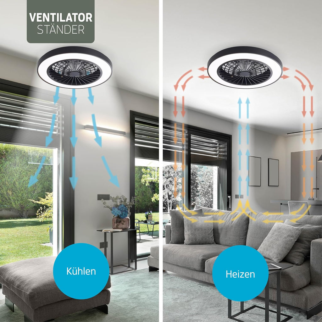 Varin® Smart Deckenventilator mit Beleuchtung, Deckenlampe mit Ventilator Schlafzimmer, Tuya WLAN, LED 30W RGBW, Ø 50 cm, Ventilator Leise, Fernbedienung, 3000K bis 6000K, Schwarz-Schwarz