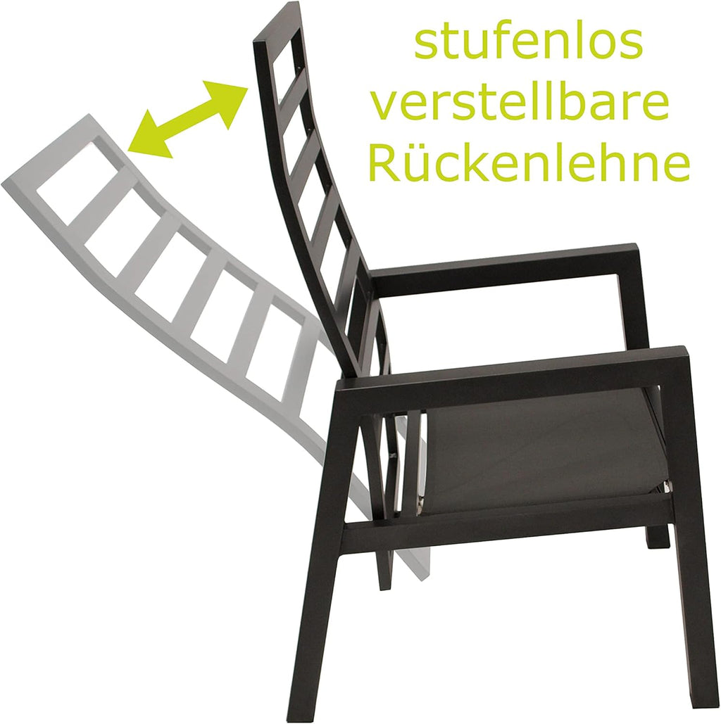 DEGAMO 2X Hochlehner Gartensessel MANCIANO, Aluminium rostfrei anthrazit, mit Polstern dunkelgrau, Rückenteil stufenlos verstellbar mit Gasfeder