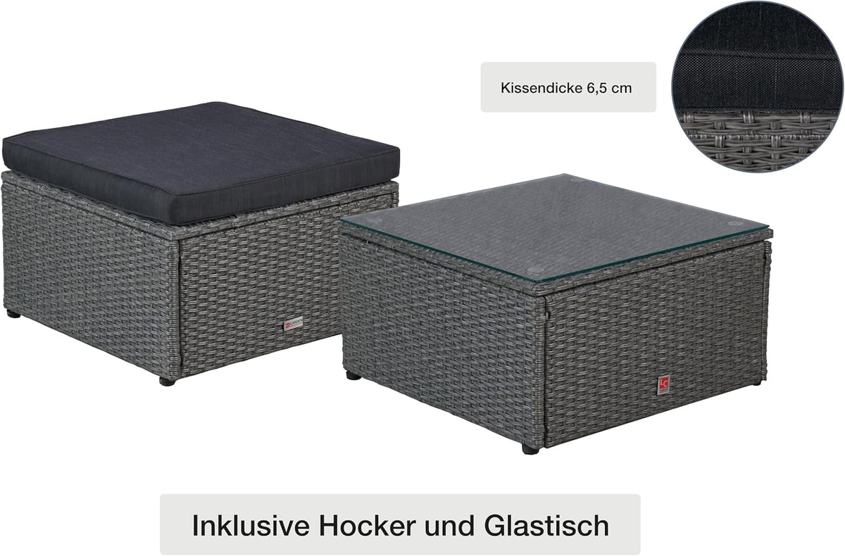LC Garden Loungino Polyrattan Lounge grau-Mix für 3-4 Personen, Balkonmöbel Sitzgruppe mit Tisch + Hocker, Gartenlounge, Ecksofa für Balkon + Terrasse