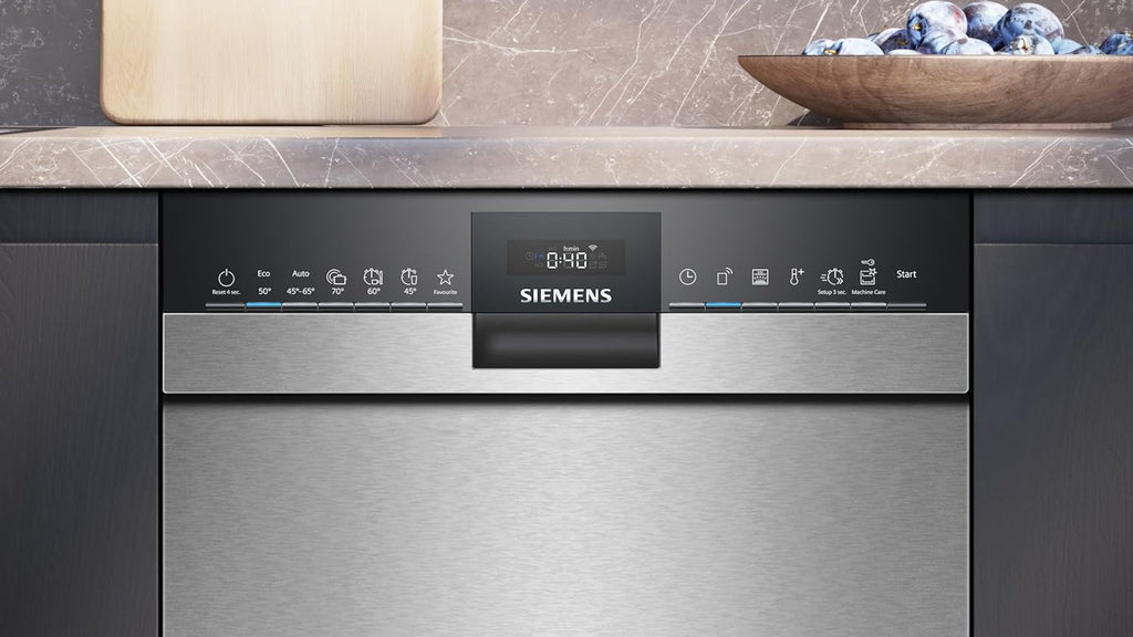 Siemens SR43ES25ME iQ300 Unterbau-Geschirrspüler, 45 cm, besonders leise, varioSpeed Plus, varioFlex Korbsystem und varioSchublade, autoOpen dry, aquaStop, Home Connect, Gebürsteter Stahl