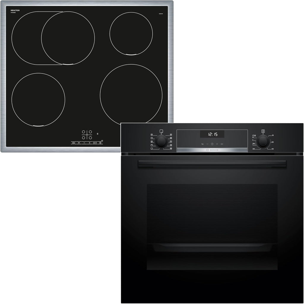 HBD635CS64 Backofen-Set, Einbau-Backofen 60 cm, HBG537BB3, Serie 6, EcoClean, 3D Heißluft, Soft Close, Schwarz & Induktionskochfeld 60 cm, PIF645BB5E Serie 4, PowerBoost, Edelstahlrahmen