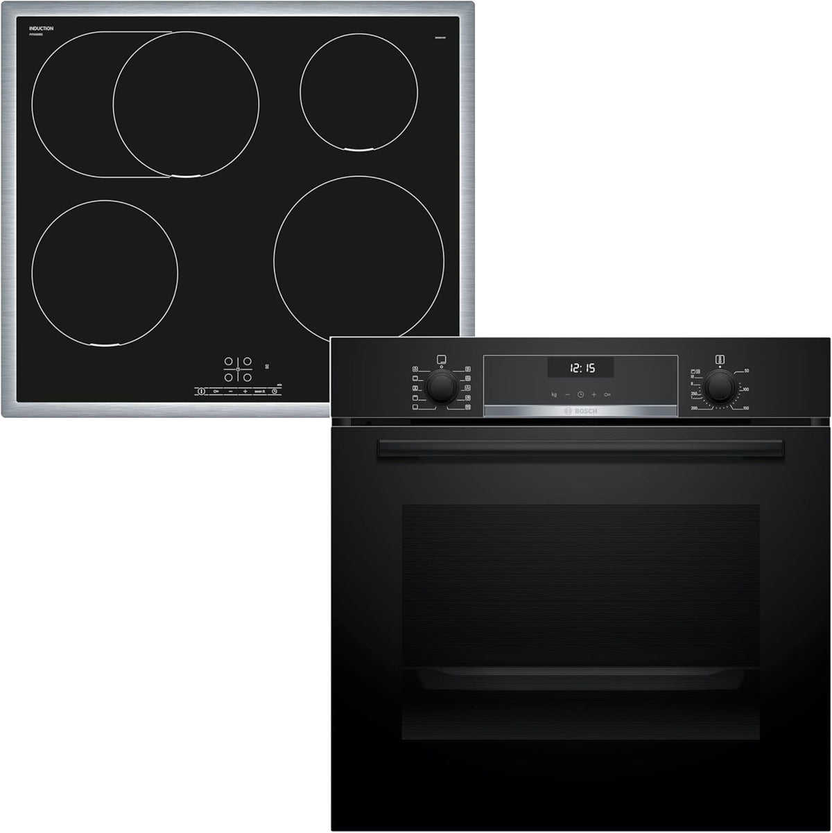 HBD635CS64 Backofen-Set, Einbau-Backofen 60 cm, HBG537BB3, Serie 6, EcoClean, 3D Heißluft, Soft Close, Schwarz & Induktionskochfeld 60 cm, PIF645BB5E Serie 4, PowerBoost, Edelstahlrahmen
