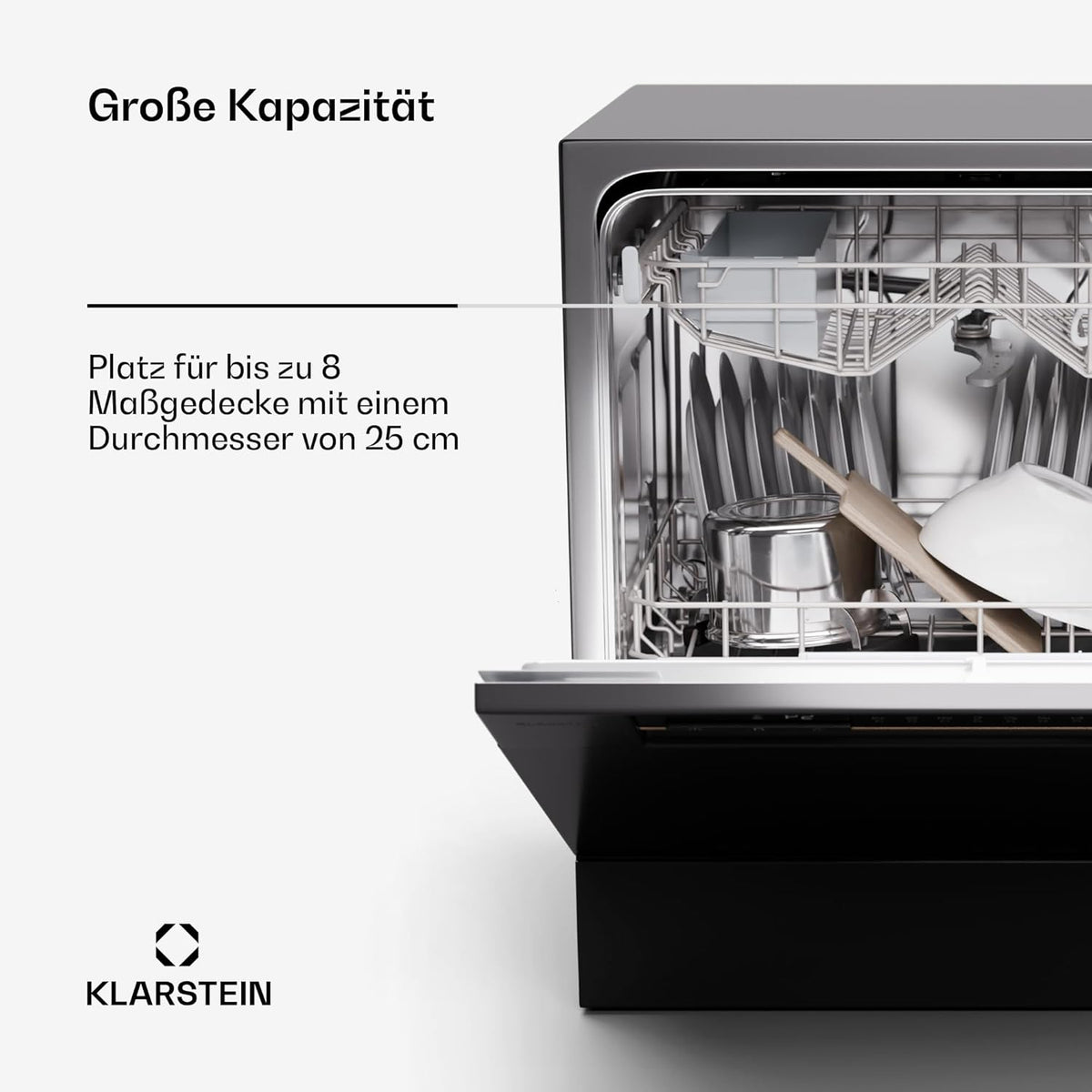 Klarstein  ia 8 - Spülmaschine, Geschirrspüler, Freistehend, Teilintegriert, F, 55 cm breit, 8 Maßgedecke, 6 Programme, Aquastop, silber