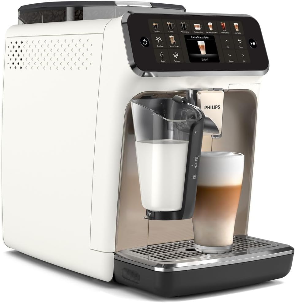 PHILIPS 5500 Series Kaffeevollautomat – 20 Getränke, Modernes Farb-Touchdisplay, LatteGo-Milchsystem, SilentBrew-Technologie, 100% Keramikmahlwerk, QuickStart, 1,8L Wassertank, Weißchrom (EP5543/90)