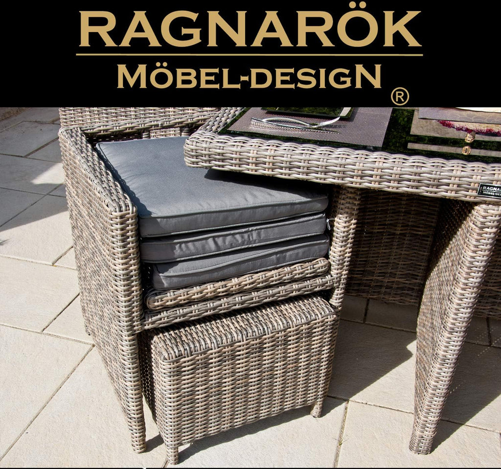 PolyRattan - Deutscher Hersteller - 10 Jahre GARANTIE auf UV-Beständigkeit - Gartenmöbel Essgruppe Tisch 8 Stuhl Hocker Polster Rostfrei Aluminium Dining Lounge Naturfarben Grau Schwarz