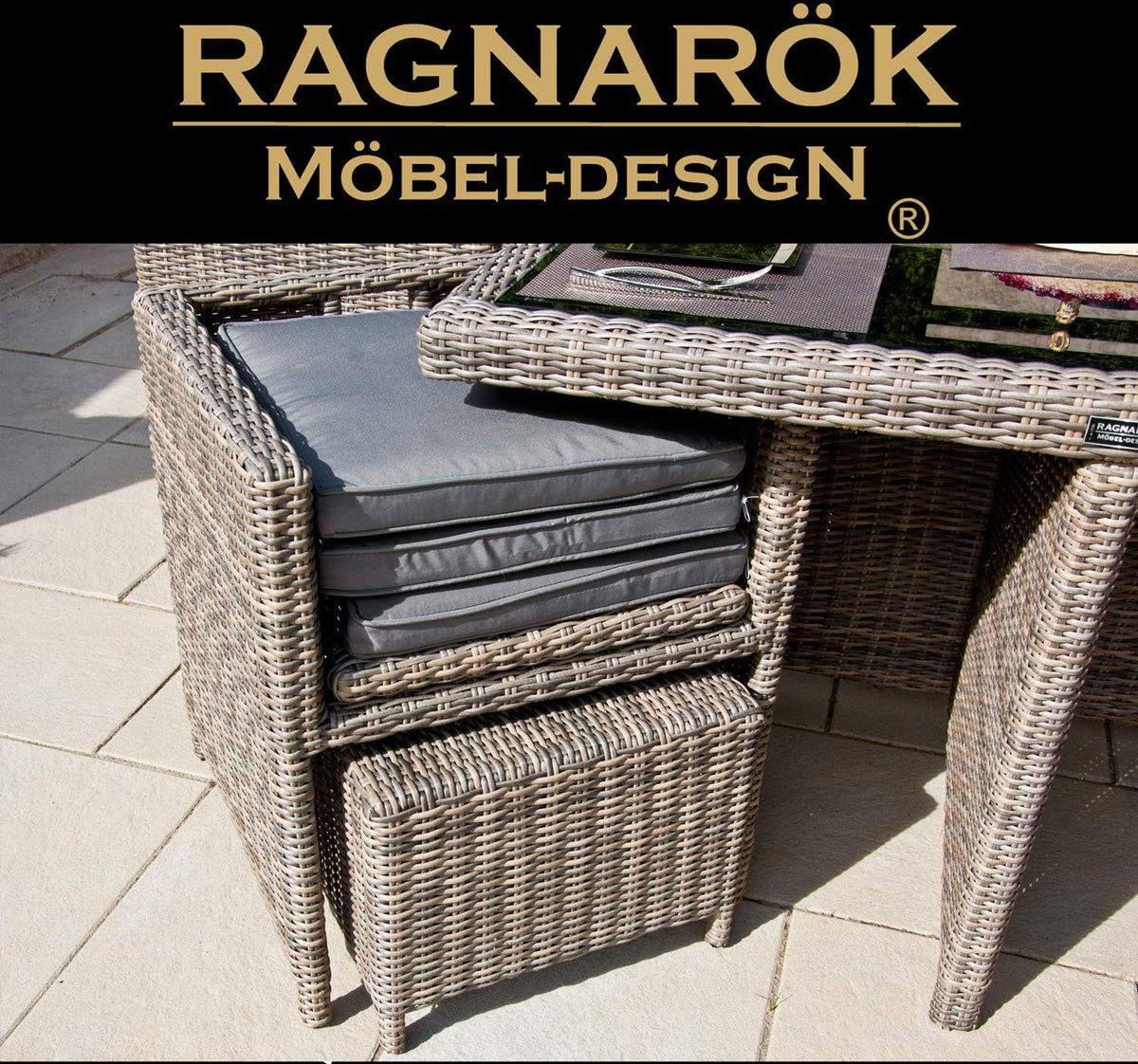 PolyRattan - Deutscher Hersteller - 10 Jahre GARANTIE auf UV-Beständigkeit - Gartenmöbel Essgruppe Tisch 8 Stuhl Hocker Polster Rostfrei Aluminium Dining Lounge Naturfarben Grau Schwarz