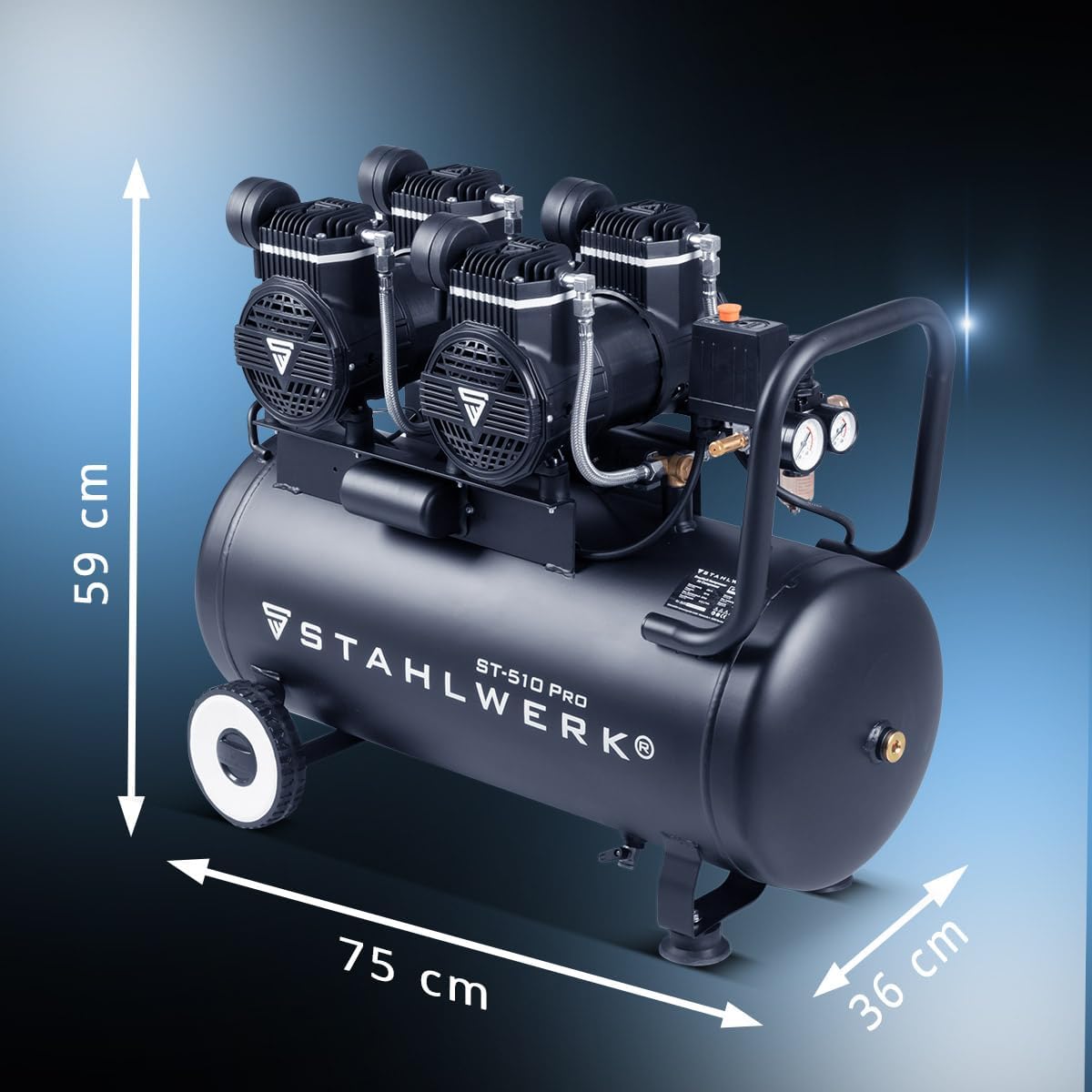 STAHLWERK Kompressor 50 L Tank (ST-510 Pro) - Vollausstattung mit Zubehör - ölfrei  und  leise, 10 bar, Druckluftkompressor mit Brushless-Motoren, 3,94 PS, 2,9 kW, 500 l/min, Silent-/Flüsterkompressor