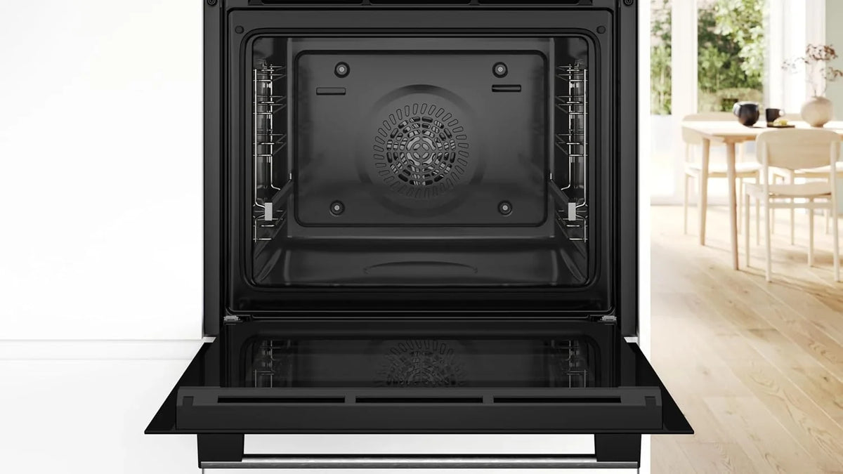 Bosch - Horno Multifunción, Serie 4, 60 cm. de ancho, Asistente de limpieza con agua, 3D Hotair, Acero, HBA514ES3