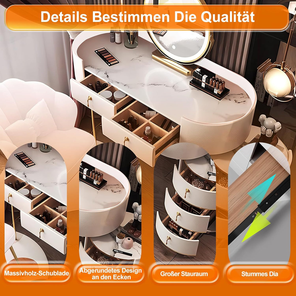 Weiß Große Schminktisch, Kosmetiktisch mit 3 Farbmodi Beleuchtung Spiegel und Hocker, Schminktische Make Up Tisch, 5 Schubladen Frisierkommode, Sich Flexible Montage Frisiertisch (Grau B, 100cm)
