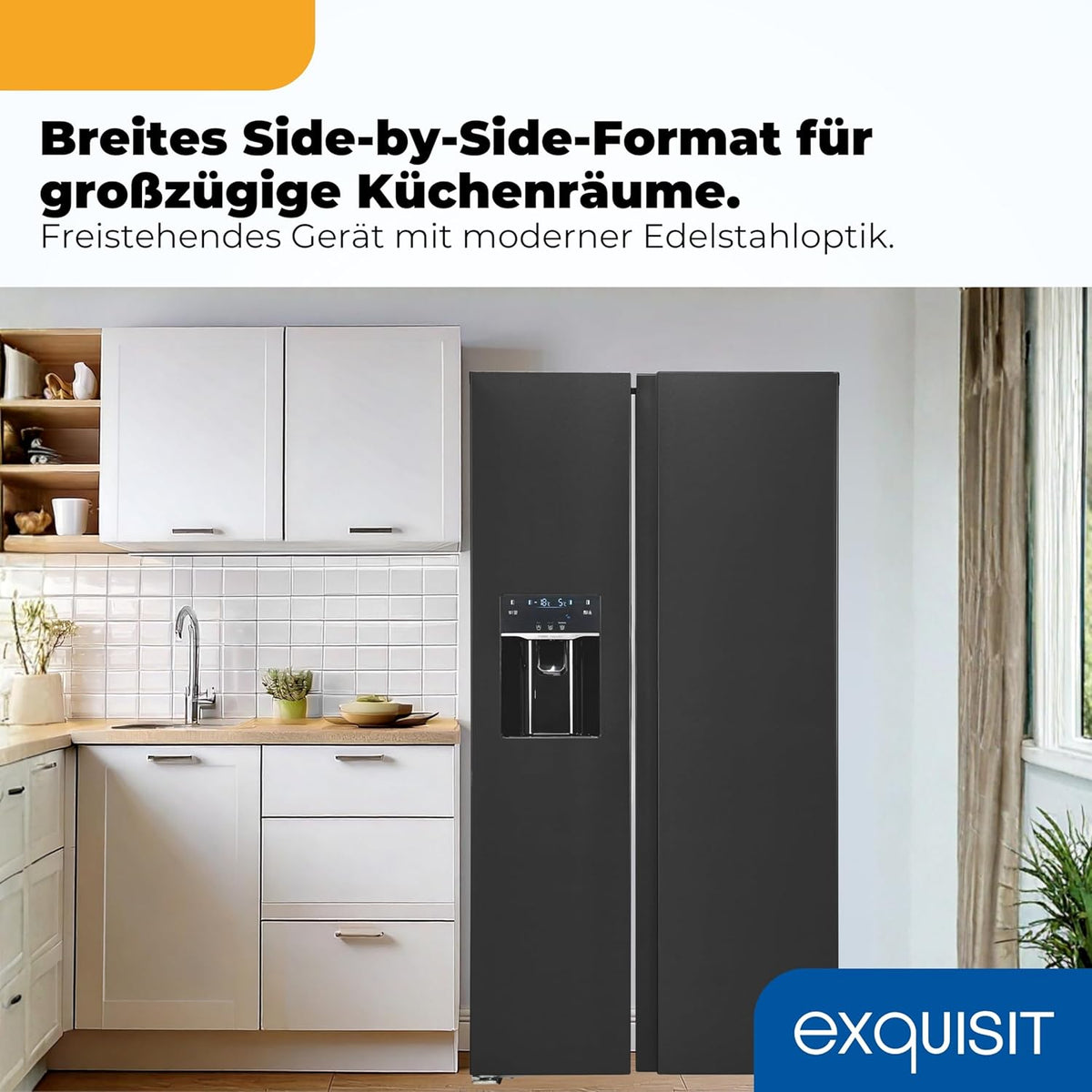 Exquisit Side by Side Kühl-Gefrierkombination | 513 l Nutzinhalt, Energieeffizienzklasse E, 39 dB, No Frost, Schnellgefrieren, Wasserspender, Ice-Maker, LED-Beleuchtung | SBS5520-CF-040E inoxlook-az